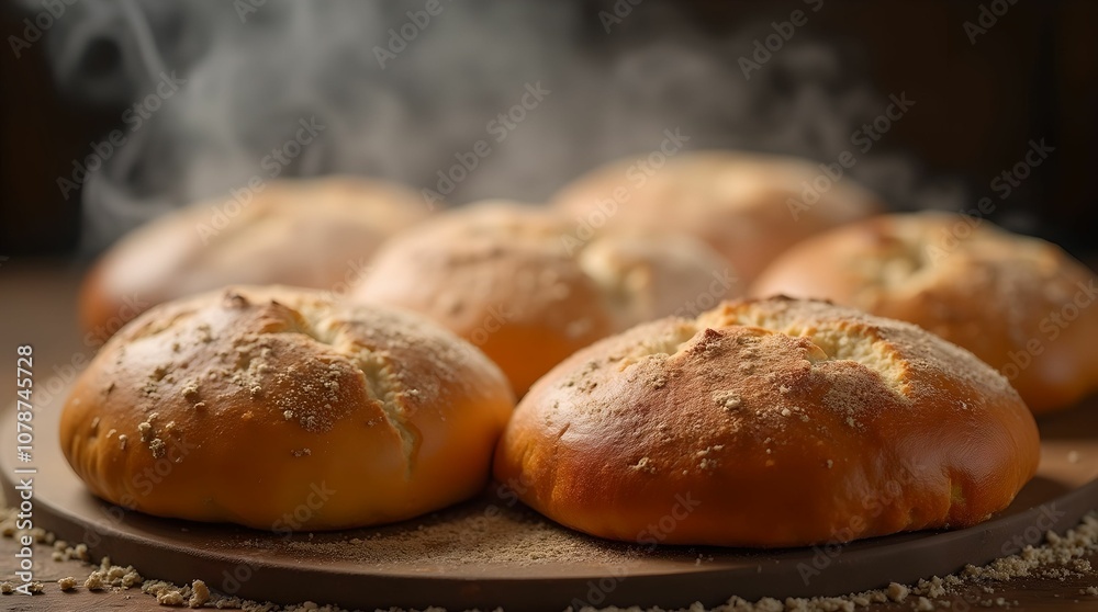 Freshly baked hot bread background, steam, bakery, rustic traditional food concept. Freshly baked hot bread background, steam, bakery, rustic traditional food concept.