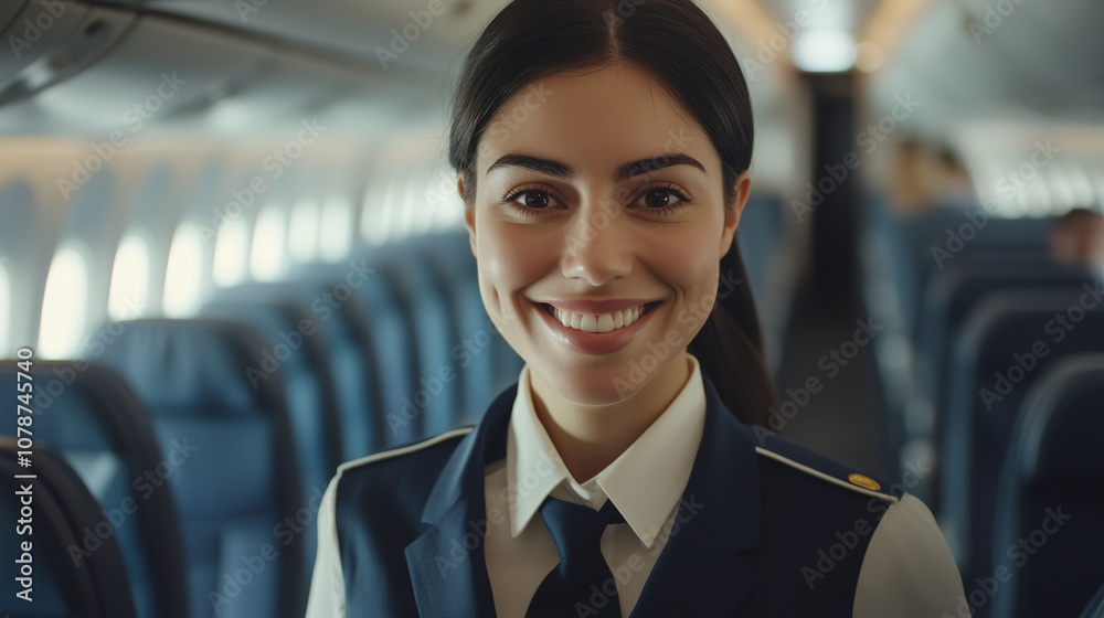 Smiling flight attendant inside airplane cabin Smiling flight attendant inside airplane cabin