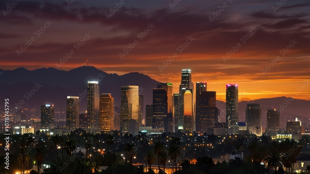Obraz premium City skyline with dramatic sunset and mountains in the background.