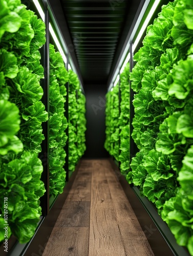 Vertical Farming Wonderland: Lush Green Lettuce Growing in High-Tech Hydroponic System with Wood Flooring and Modern Design