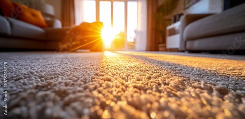 closeup of soft carpet texture with warm sunlight streaming through large windows, cozy home interior ambiance, ideal for household and cleaning product advertising