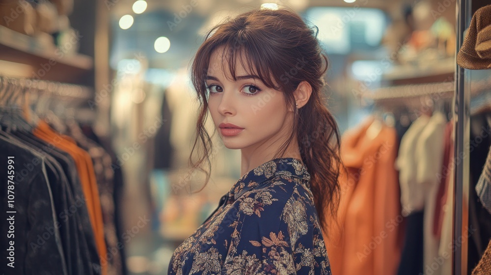 A woman poses in a stylish clothing store, surrounded by various garments and a warm atmosphere. A woman poses in a stylish clothing store, surrounded by various garments and a warm atmosphere.