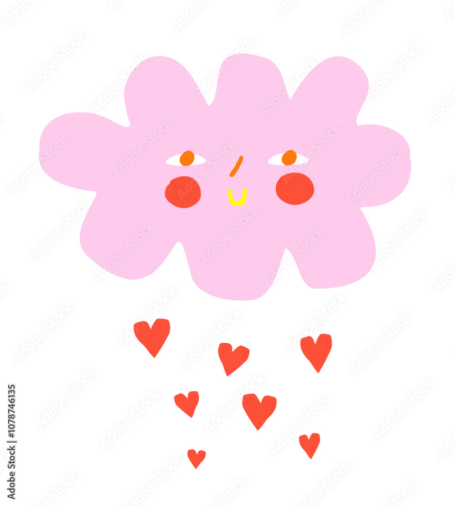 Cute Baby Shower Vector Card with Pink Smiling Cloud with Rain of Red Hearts. Pink Cloud on a White Background. Childish Drawing-like Nursery Art with Pastel Pink Cloud and Red Hearts. Cute Baby Shower Vector Card with Pink Smiling Cloud with Rain of Red Hearts. Pink Cloud on a White Background. Childish Drawing-like Nursery Art with Pastel Pink Cloud and Red Hearts.