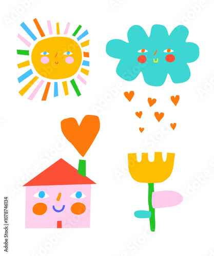 Cute Nursery Vector Art. Smiling Sun with Colorful Rays. Blue Cloud with Rain of Hearts. Yellow Tulip Flower on a White Background. Sweet Pink House with Big Heart. Lovely Print for Kids. 