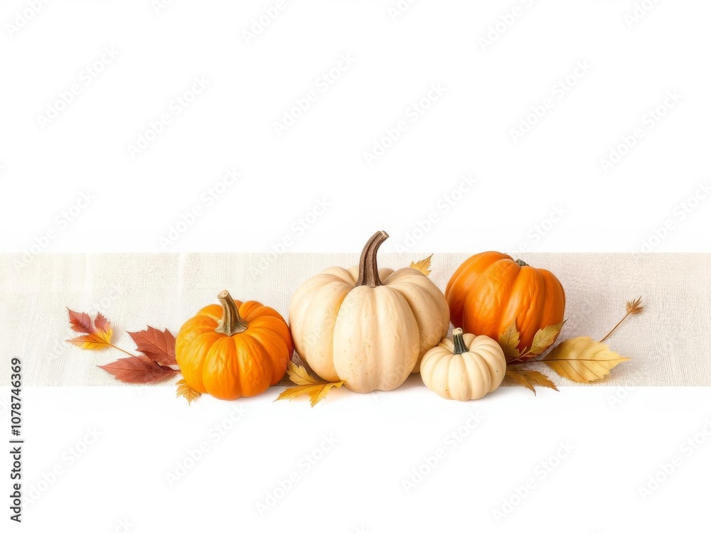 Three vibrant pumpkins arranged elegantly on a cream colored background, perfect for autumn-themed banners or cards, banner, background