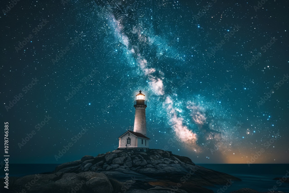 Serene Lighthouse Under a Starry Night Sky