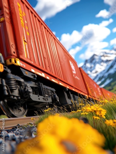 Train Car with Vibrant Orange Color Passing Through Scenic Landscape with Flowers, Mountains, and Bright Blue Sky during Beautiful Day in Nature