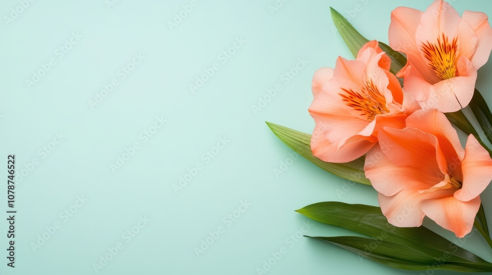 A cluster of soft peach flowers rests against a mint green background, exuding a fresh and serene aesthetic. A cluster of soft peach flowers rests against a mint green background, exuding a fresh and serene aesthetic.