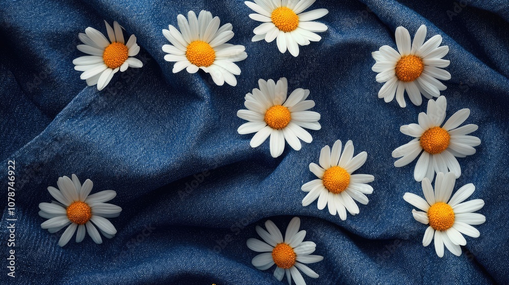 Obraz premium A textured denim background adorned with scattered daisy flowers, where the soft white petals and bright yellow centers create a striking contrast against the rugged blue fabric