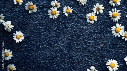 A textured denim background adorned with scattered daisy flowers, where the soft white petals and bright yellow centers create a striking contrast against the rugged blue fabric photo