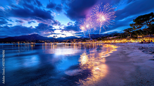 serene beach scene with fireworks reflecting on water, showcasing vibrant sunset and lively atmosphere. calm waves and colorful lights create magical ambiance photo