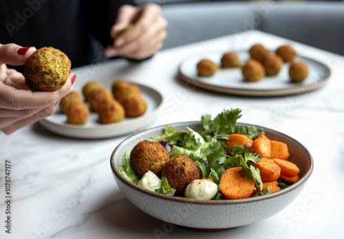 Falafel Salad Bowl with Moroccan Meatballs, London Restaurant