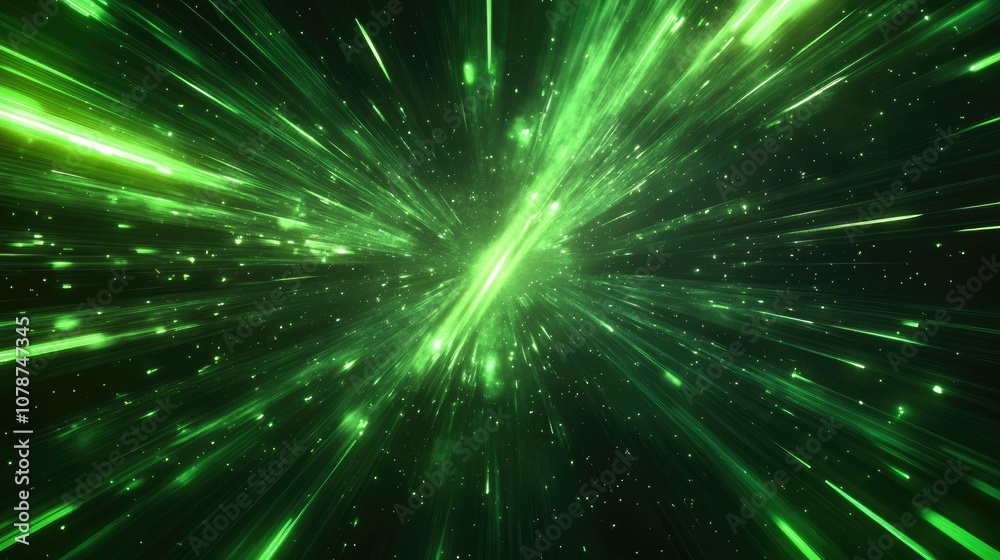 Abstract background with neon green rays of light shooting through space, evoking a sense of energy, speed, and futuristic power.