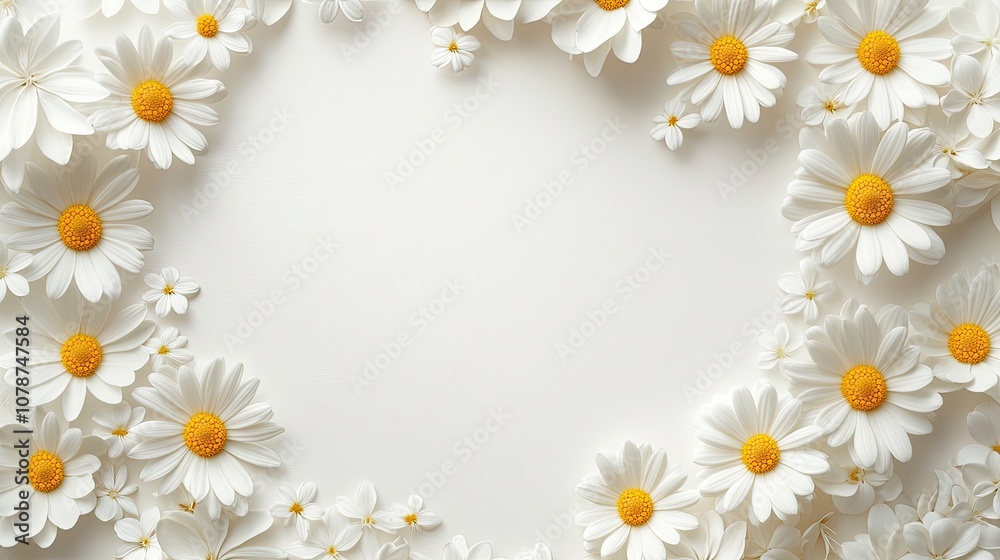 Obraz premium An airy, white background with a border of neatly arranged daisy flowers along the edges.