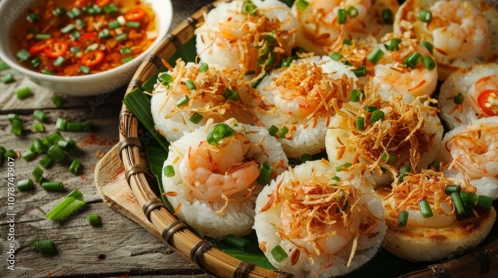 The traditional Vietnamese dish is Ban Bao. The small round rice cakes are decorated with chopped shrimp, crispy fried scallops and green onions. The traditional Vietnamese dish is Ban Bao. The small round rice cakes are decorated with chopped shrimp, crispy fried scallops and green onions.