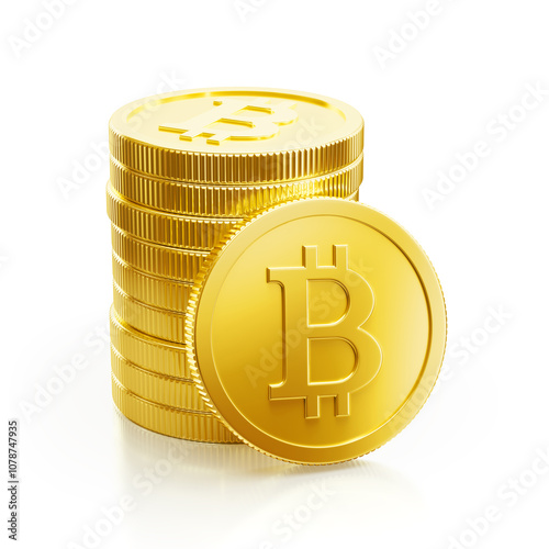 Golden Bitcoins. Composition with ten metallic crypto coins with the Bitcoin sign on them are against a white reflective background. 3D rendering graphics.