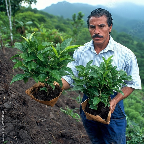 Dedicated Farmer Nurtures Healthy Coffee Plant Saplings to Promote Sustainable Agriculture Practices photo