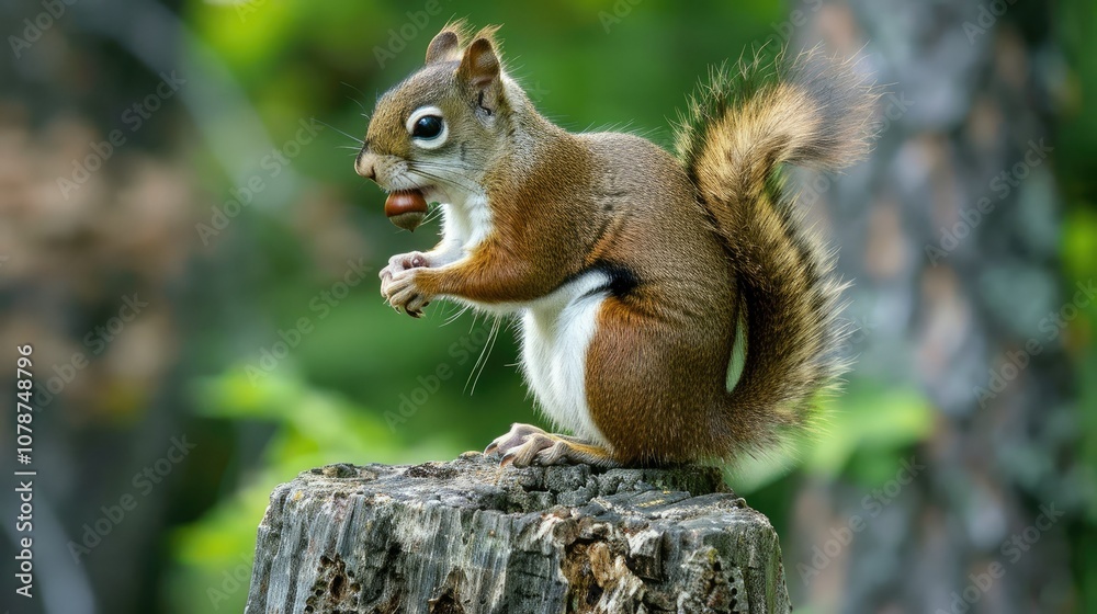 A red squirrel perched on top of an old tree stump