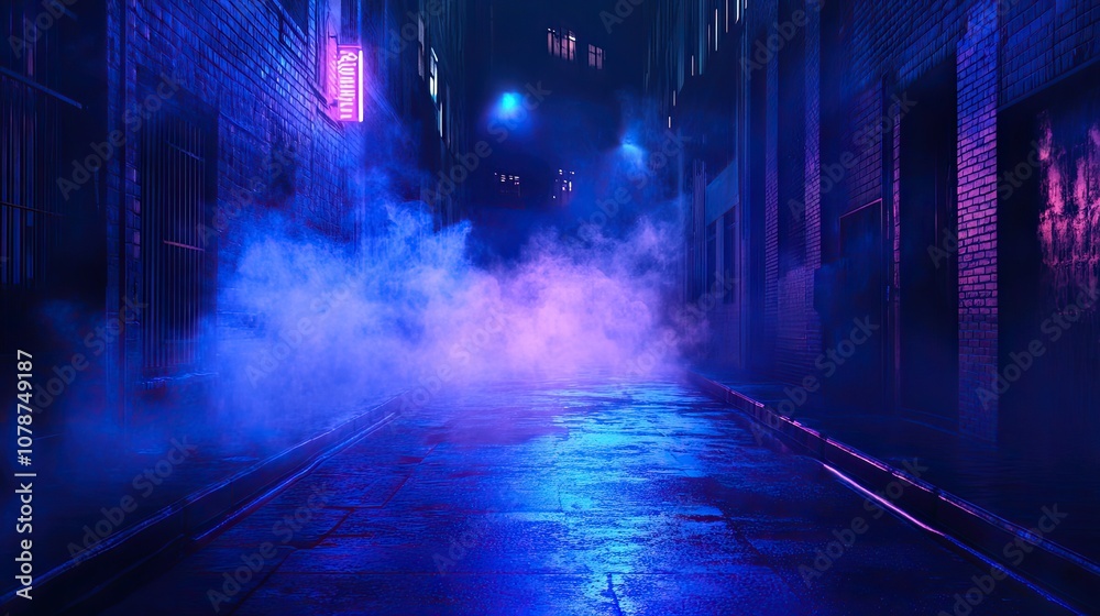 Empty urban street in darkness, lit by soft blue light rays and neon highlights. Smoke lingers on the blue asphalt, creating an eerie atmosphere. Empty urban street in darkness, lit by soft blue light rays and neon highlights. Smoke lingers on the blue asphalt, creating an eerie atmosphere.