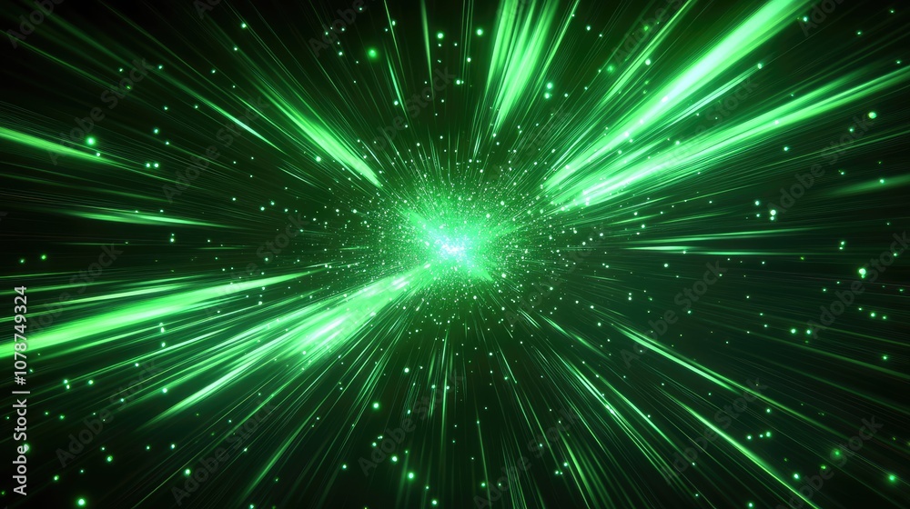 Glowing green energy rays radiating through a dark abstract background. A neon light explosion in space for a high-tech, futuristic feel. Glowing green energy rays radiating through a dark abstract background. A neon light explosion in space for a high-tech, futuristic feel.