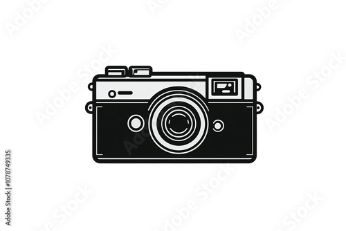 PNG cut out isolated background. A minimalist, black-and-white icon of a retro-style camera featuring a prominent lens, viewfinder, and detailed buttons. 