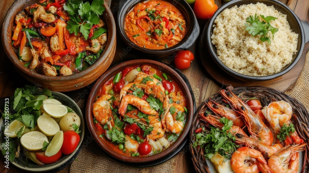 A table set with a variety of delicious seafood dishes, including shrimp, fish, and rice. A table set with a variety of delicious seafood dishes, including shrimp, fish, and rice.