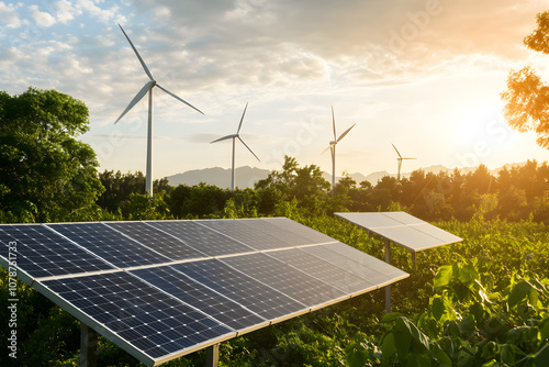 A futuristic cityscape with wind turbines and solar panels integrated into the buildings, representing sustainable engineering. A vision of eco-friendly urban design.