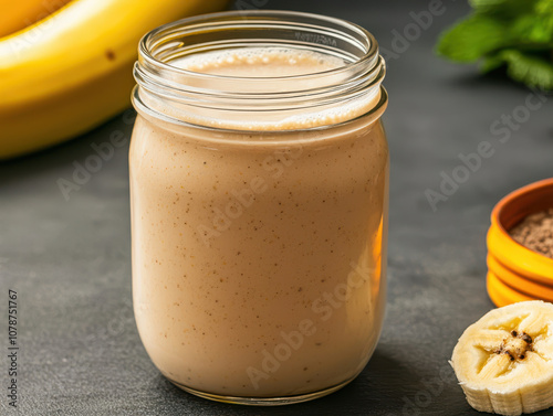 Creamy protein shake in mason jar with bananas and cocoa powder, perfect for nutritious boost. Enjoy rich flavors and healthy ingredients! photo