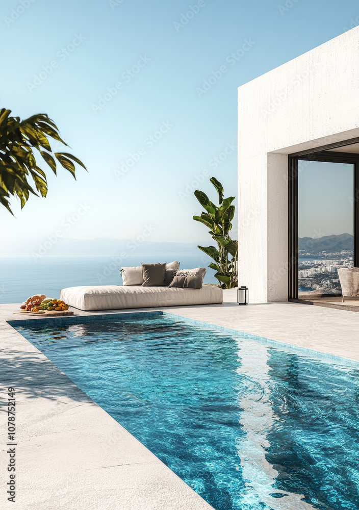 Fototapeta premium Modern Poolside Lounge with Ocean View