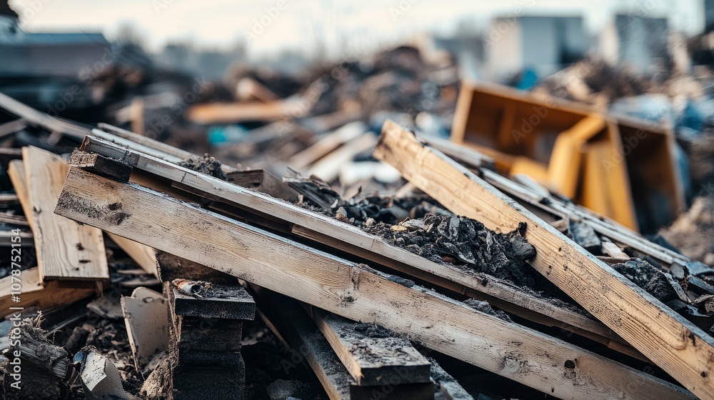 Waste of wooden frames in a landfill, close-up view highlighting environmental impact from construction Waste of wooden frames in a landfill, close-up view highlighting environmental impact from construction
