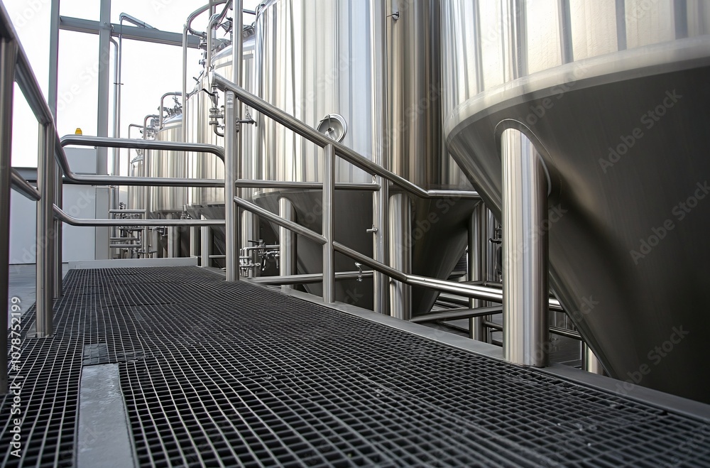 Naklejka premium Stainless Steel Beer Tanks Industrial Setting