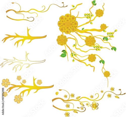 Set of yellow apricot flower branches for Lunar New Year decoration  Art & Illustration