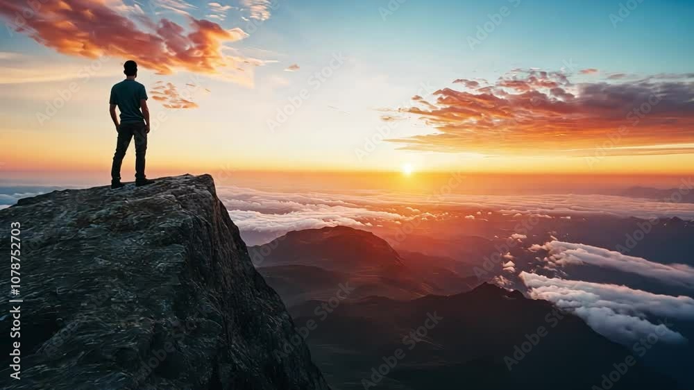 A man stands on a mountain top, looking out at the horizon A man stands on a mountain top, looking out at the horizon