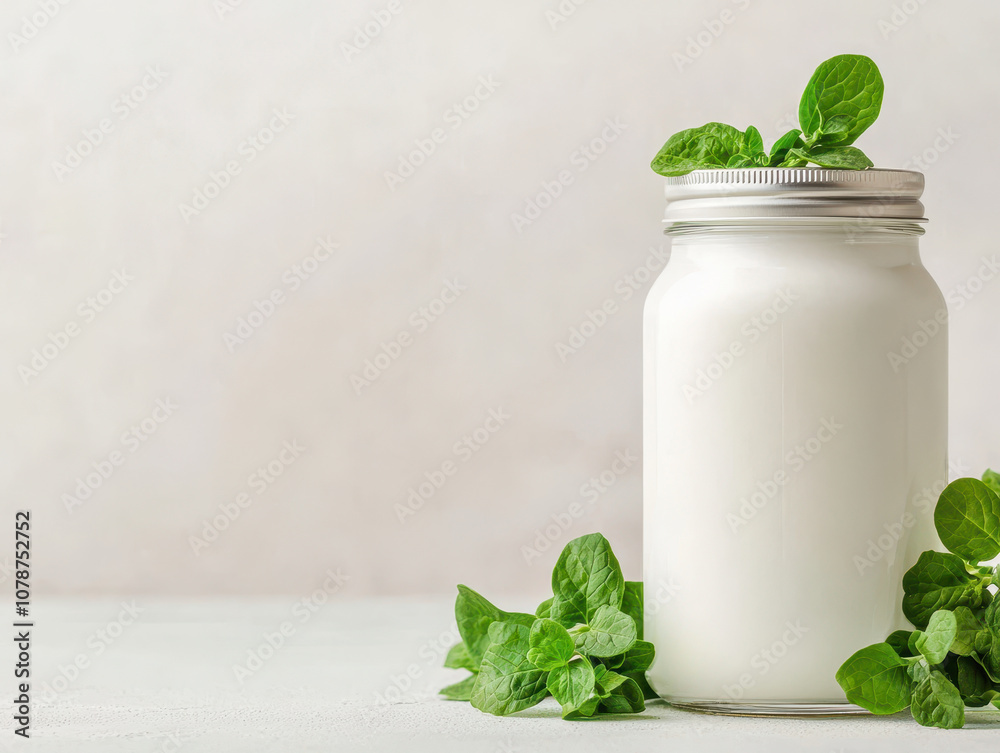 Fresh organic milk in glass jar with green mint leaves, creating refreshing and natural vibe. Perfect for healthy recipes and smoothies