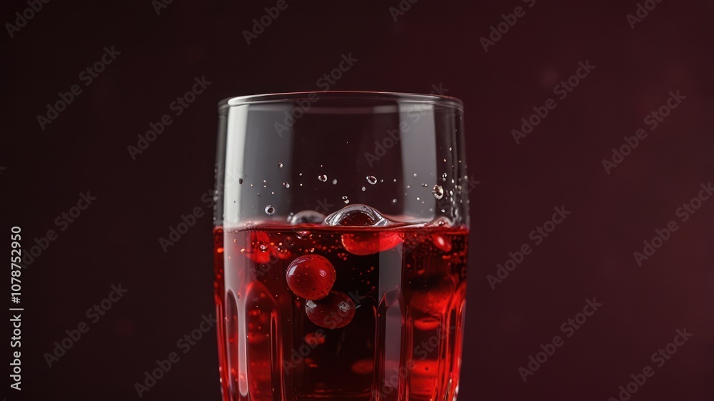 A glass of cranberry juice with cranberries and ice. A glass of cranberry juice with cranberries and ice.