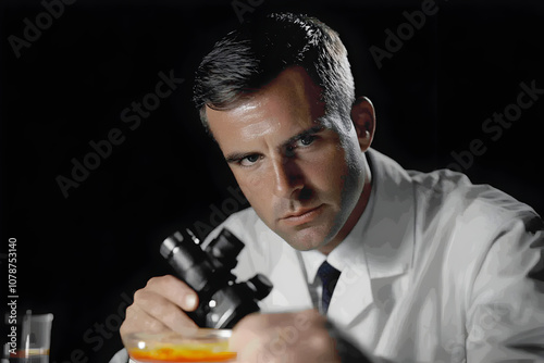 A scientist in a lab coat examining a petri dish filled with colorful bacterial cultures under a microscope. A microbiologist at work.


 photo