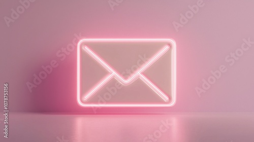 Email communication concept. A glowing neon envelope sign against a soft pink background, symbolizing communication and connectivity.