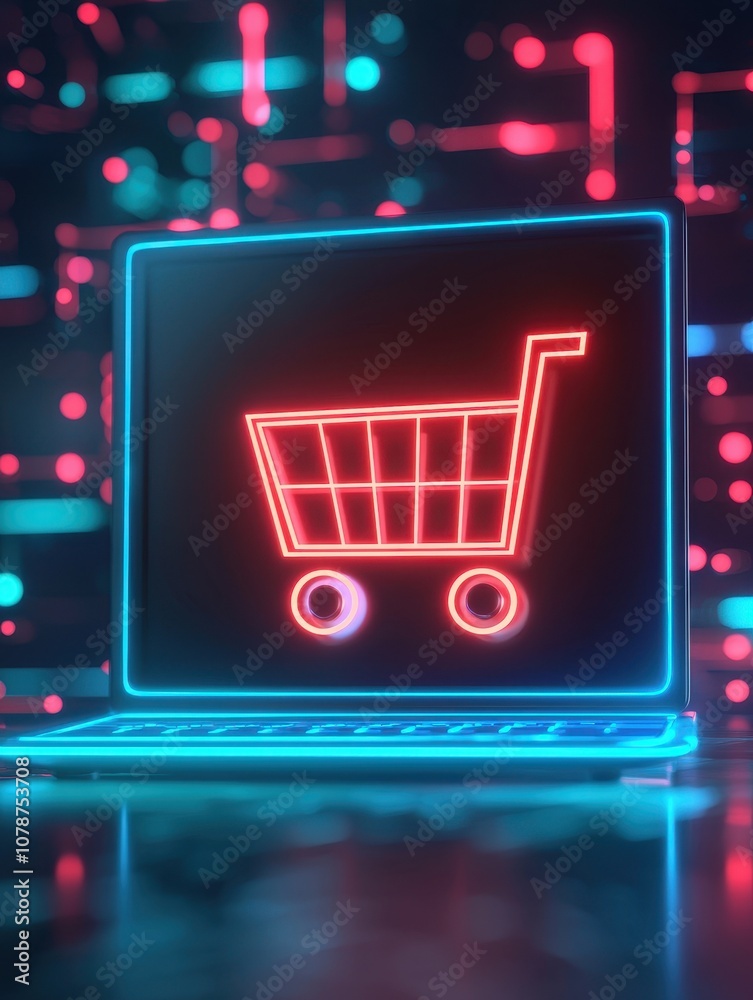 A digital image of a glowing shopping cart icon displayed on a laptop screen, set against a colorful, abstract background. A digital image of a glowing shopping cart icon displayed on a laptop screen, set against a colorful, abstract background.