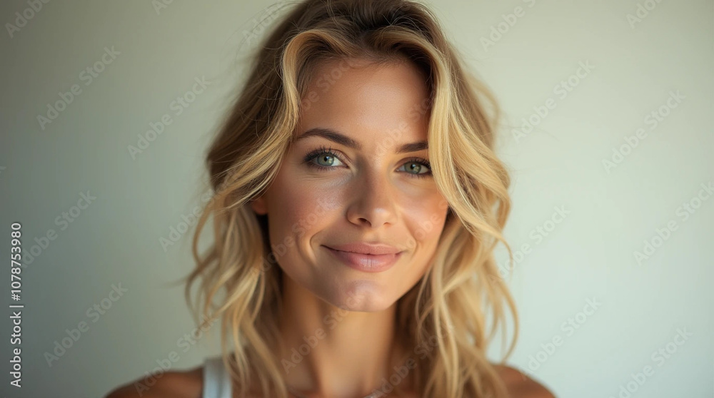 Smiling blond woman in a white tank top with blue eyes Smiling blond woman in a white tank top with blue eyes