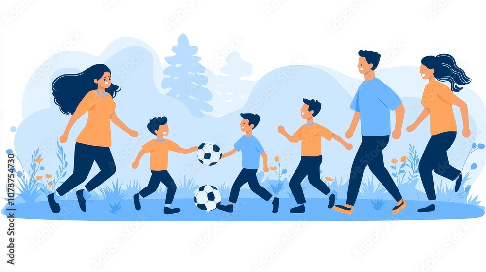 A joyful family plays soccer together outdoors, enjoying the sunny day, surrounded by greenery and nature. A joyful family plays soccer together outdoors, enjoying the sunny day, surrounded by greenery and nature.