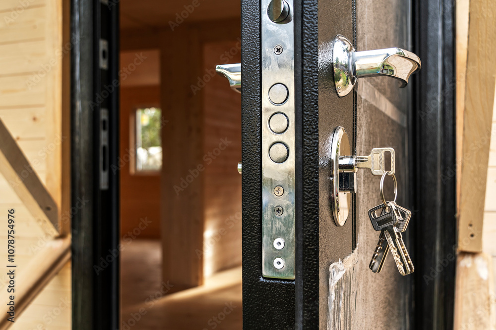 Obraz premium Open door with keys in lock against new wooden house background, concept of readiness for moving in