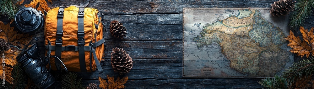 Fototapeta premium A vibrant outdoor scene featuring a backpack, map, and pinecones on a rustic wooden surface, ideal for adventure and exploration themes.