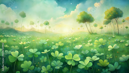 Scenic landscape with fields of clovers and trees under a bright sky for St. Patrick's Day, watercolor illustration
