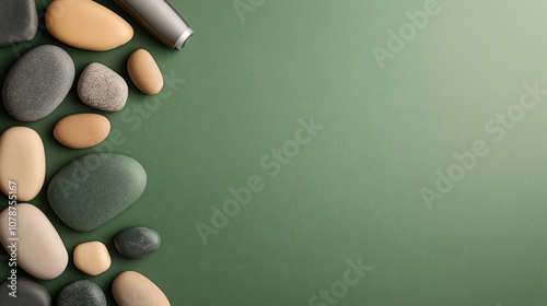 Collection of smooth pebbles and a metallic cylindrical object on a green textured background