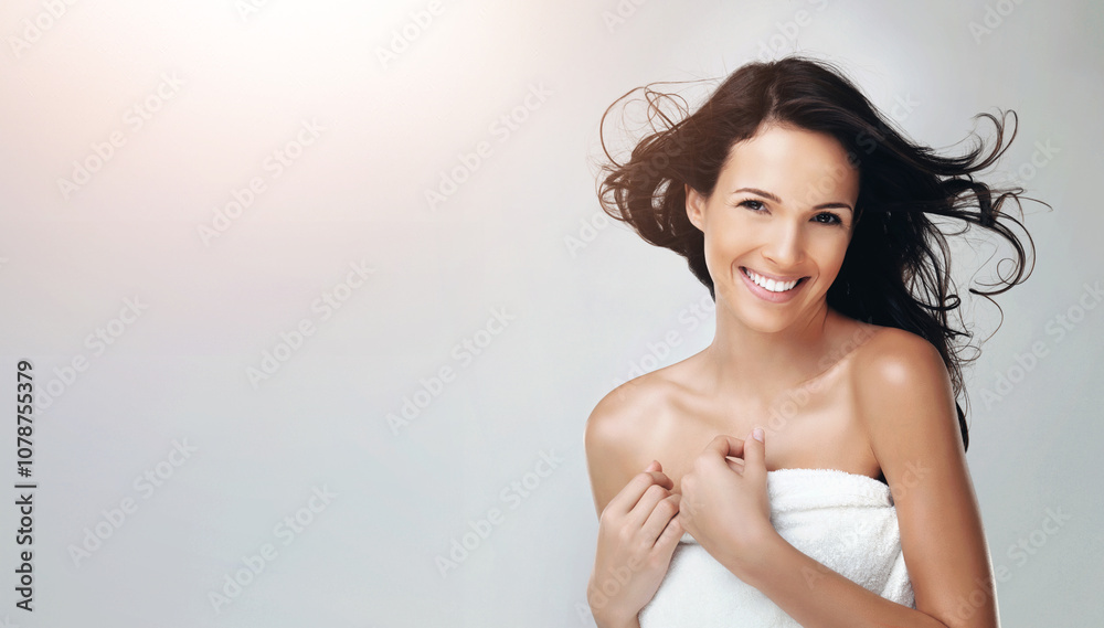 Beauty, hair and portrait with woman on mockup space in studio for natural skincare satisfaction. Aesthetic, smile and wind with happy model on gray background for cosmetics, dermatology or keratin Beauty, hair and portrait with woman on mockup space in studio for natural skincare satisfaction. Aesthetic, smile and wind with happy model on gray background for cosmetics, dermatology or keratin