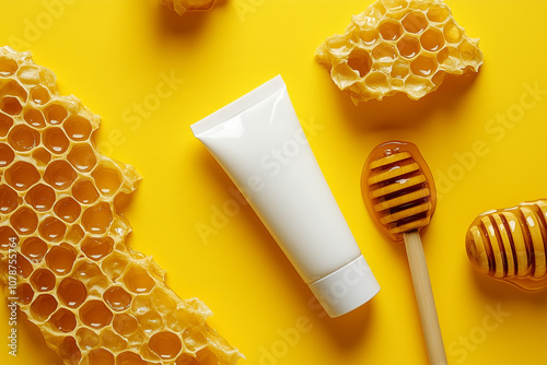 Organic Hand Cream Mock up in a Cozy Flat Lay Surrounded by Honey Drops and Honeycomb Texture for Natural Skincar