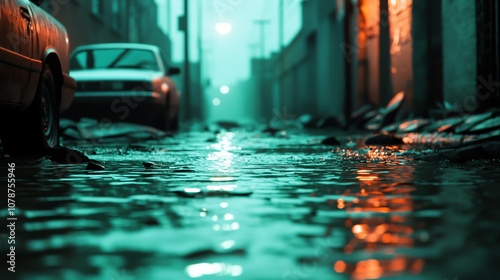 Dark alleyway with kneedeep water, abandoned cars and debris, dramatic lighting from a single streetlamp, closeup photo