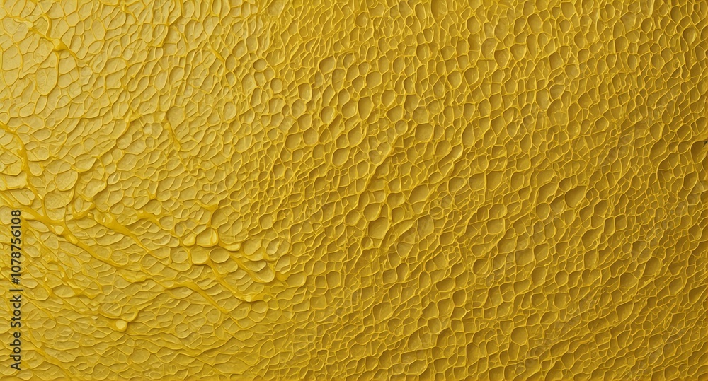 Detailed close-up of a textured yellow surface with layered, cracked paint, creating a vibrant and abstract pattern of ridges and shadows.