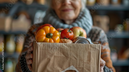 Senior woman holding a bag of groceries with fresh vegetables and canned goods.