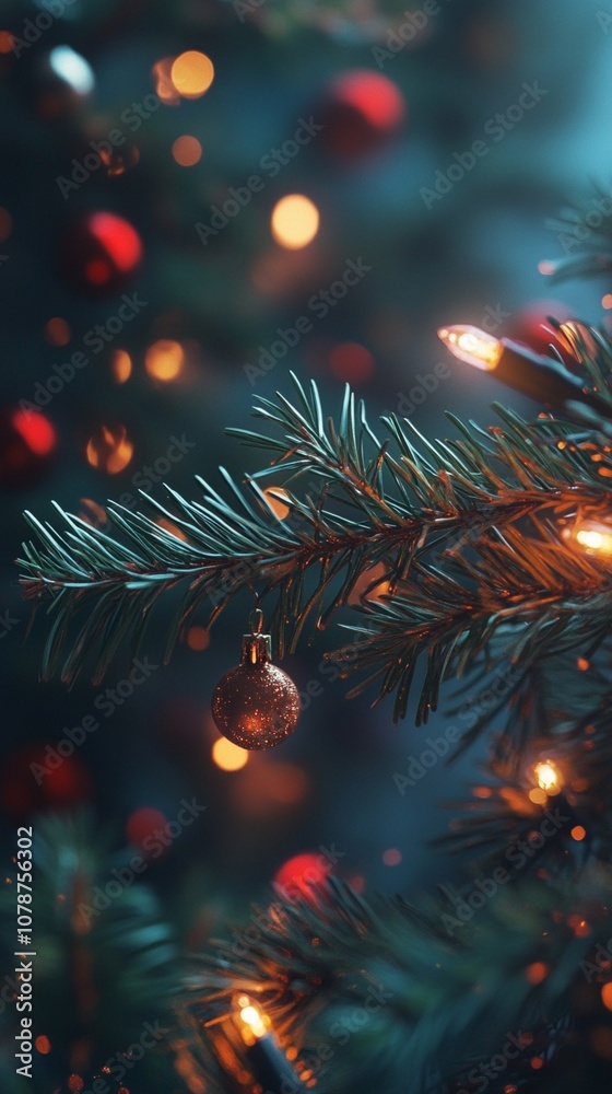 Festive pine branch adorned with a delicate golden ornament, illuminated by warm Christmas lights creating a magical bokeh effect in the background. Festive pine branch adorned with a delicate golden ornament, illuminated by warm Christmas lights creating a magical bokeh effect in the background.